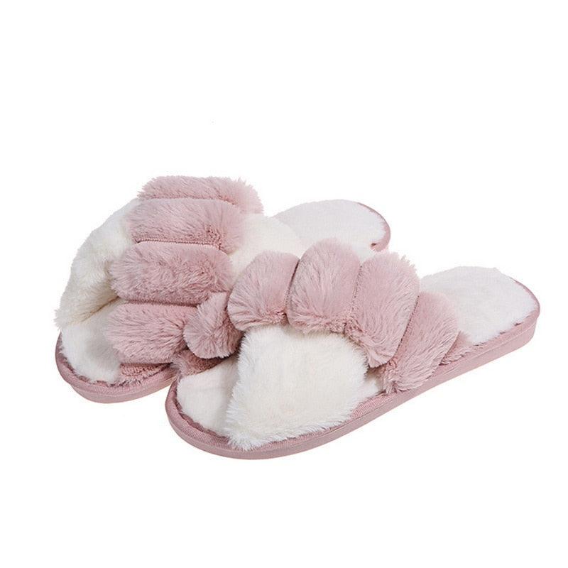 Elegant Warm Fluffy Slippers Women Faux Fur Indoor Floor Slides Flat Soft Furry Shoes Non Slip House Soft Plush Cozy House Shoes Furry Open Toe Indoor Outdoor Slip On Warm Winter Shoes