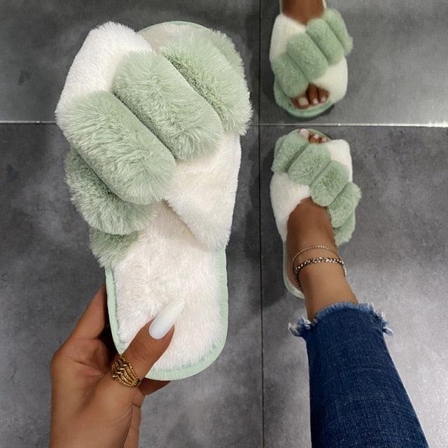 Elegant Warm Fluffy Slippers Women Faux Fur Indoor Floor Slides Flat Soft Furry Shoes Non Slip House Soft Plush Cozy House Shoes Furry Open Toe Indoor Outdoor Slip On Warm Winter Shoes