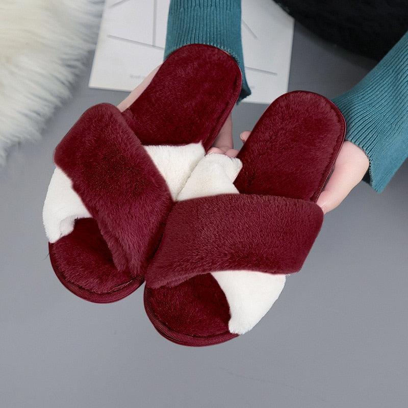 Elegant Warm Fluffy Slippers Women Faux Fur Indoor Floor Slides Flat Soft Furry Shoes Non Slip House Soft Plush Cozy House Shoes Furry Open Toe Indoor Outdoor Slip On Warm Winter Shoes