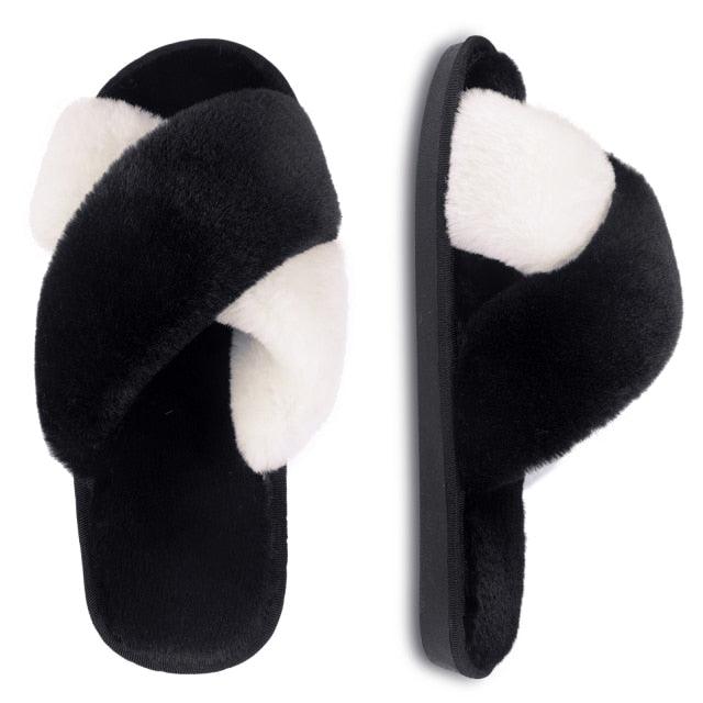 Elegant Warm Fluffy Slippers Women Faux Fur Indoor Floor Slides Flat Soft Furry Shoes Non Slip House Soft Plush Cozy House Shoes Furry Open Toe Indoor Outdoor Slip On Warm Winter Shoes