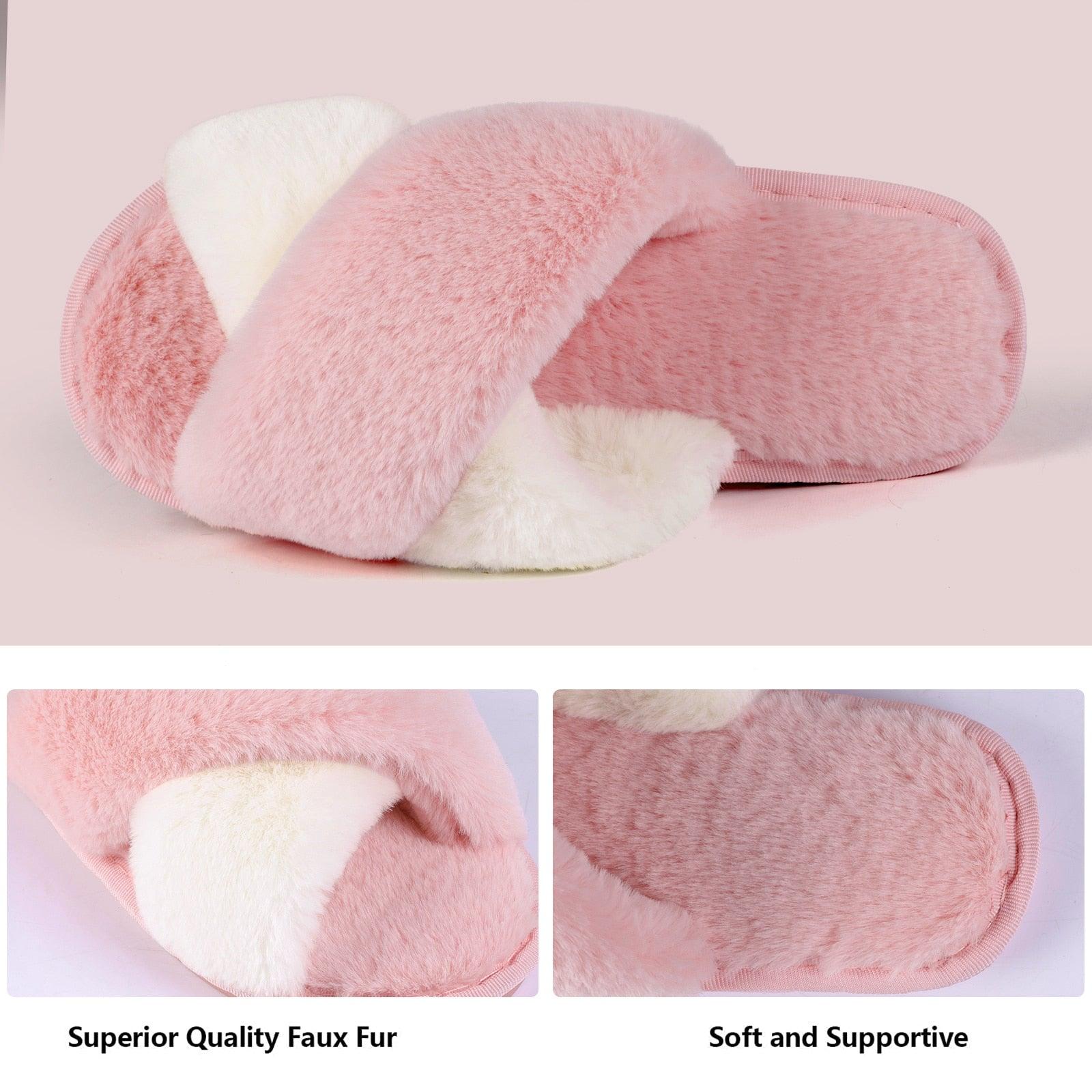 Elegant Warm Fluffy Slippers Women Faux Fur Indoor Floor Slides Flat Soft Furry Shoes Non Slip House Soft Plush Cozy House Shoes Furry Open Toe Indoor Outdoor Slip On Warm Winter Shoes