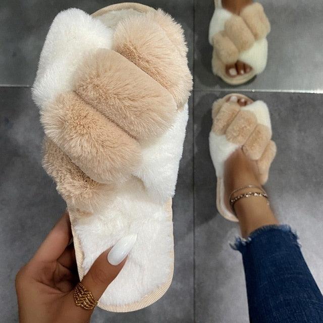 Elegant Warm Fluffy Slippers Women Faux Fur Indoor Floor Slides Flat Soft Furry Shoes Non Slip House Soft Plush Cozy House Shoes Furry Open Toe Indoor Outdoor Slip On Warm Winter Shoes