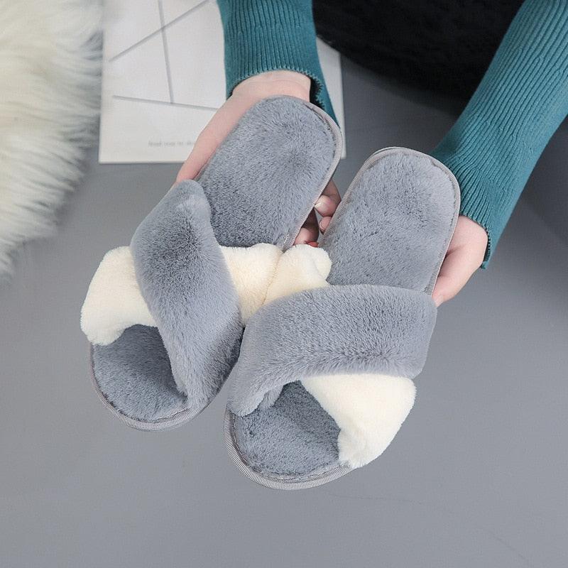 Elegant Warm Fluffy Slippers Women Faux Fur Indoor Floor Slides Flat Soft Furry Shoes Non Slip House Soft Plush Cozy House Shoes Furry Open Toe Indoor Outdoor Slip On Warm Winter Shoes