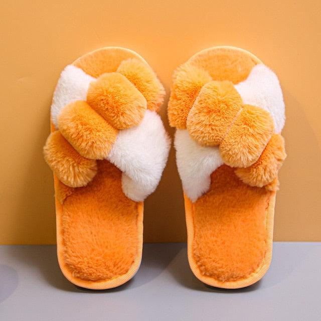 Elegant Warm Fluffy Slippers Women Faux Fur Indoor Floor Slides Flat Soft Furry Shoes Non Slip House Soft Plush Cozy House Shoes Furry Open Toe Indoor Outdoor Slip On Warm Winter Shoes