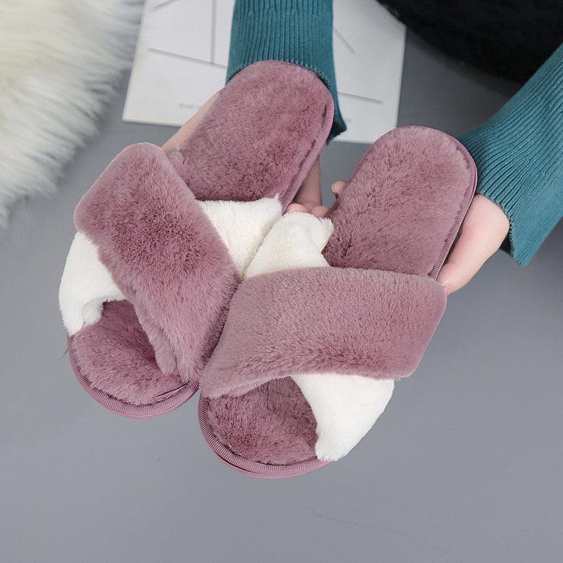 Elegant Warm Fluffy Slippers Women Faux Fur Indoor Floor Slides Flat Soft Furry Shoes Non Slip House Soft Plush Cozy House Shoes Furry Open Toe Indoor Outdoor Slip On Warm Winter Shoes