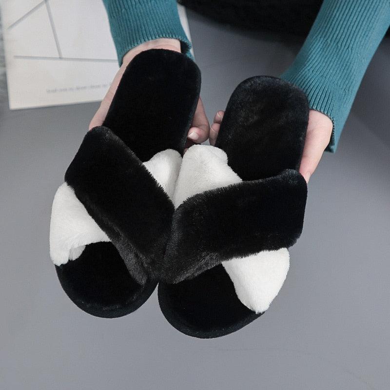 Elegant Warm Fluffy Slippers Women Faux Fur Indoor Floor Slides Flat Soft Furry Shoes Non Slip House Soft Plush Cozy House Shoes Furry Open Toe Indoor Outdoor Slip On Warm Winter Shoes