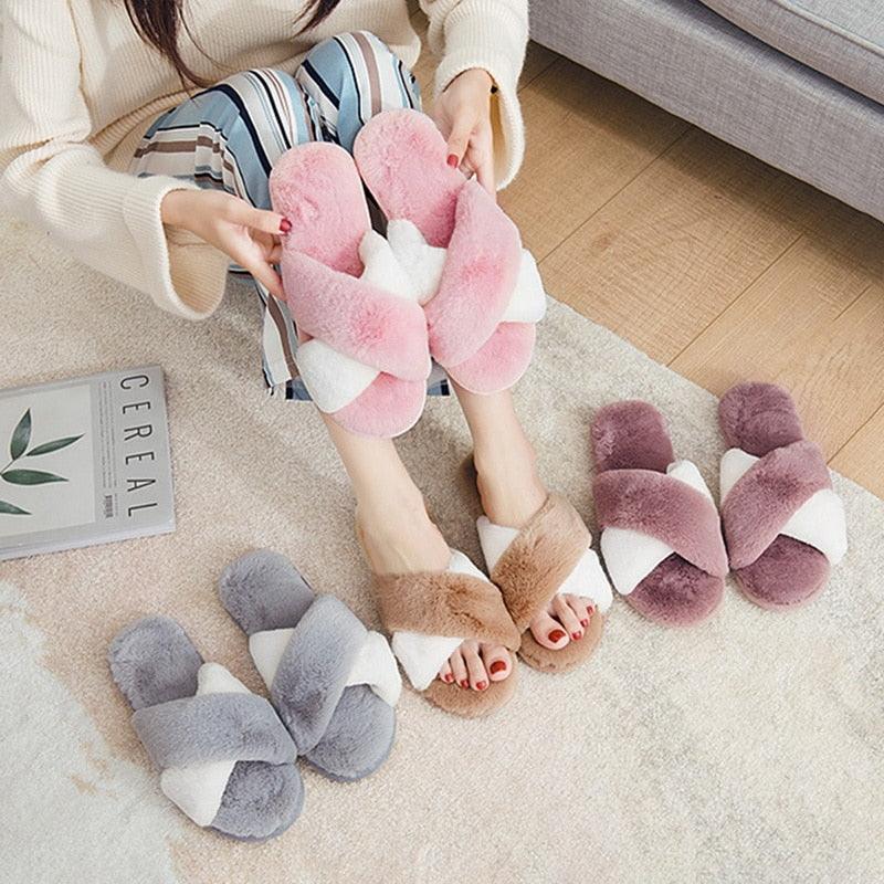 Elegant Warm Fluffy Slippers Women Faux Fur Indoor Floor Slides Flat Soft Furry Shoes Non Slip House Soft Plush Cozy House Shoes Furry Open Toe Indoor Outdoor Slip On Warm Winter Shoes