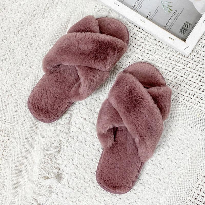 Elegant Warm Fluffy Slippers Women Faux Fur Indoor Floor Slides Flat Soft Furry Shoes Non Slip House Soft Plush Cozy House Shoes Furry Open Toe Indoor Outdoor Slip On Warm Winter Shoes