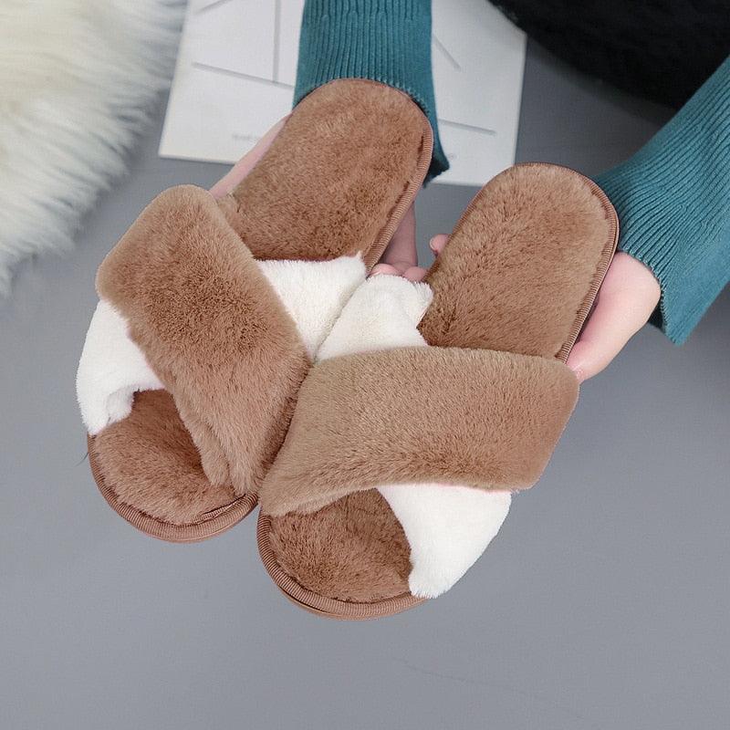 Elegant Warm Fluffy Slippers Women Faux Fur Indoor Floor Slides Flat Soft Furry Shoes Non Slip House Soft Plush Cozy House Shoes Furry Open Toe Indoor Outdoor Slip On Warm Winter Shoes