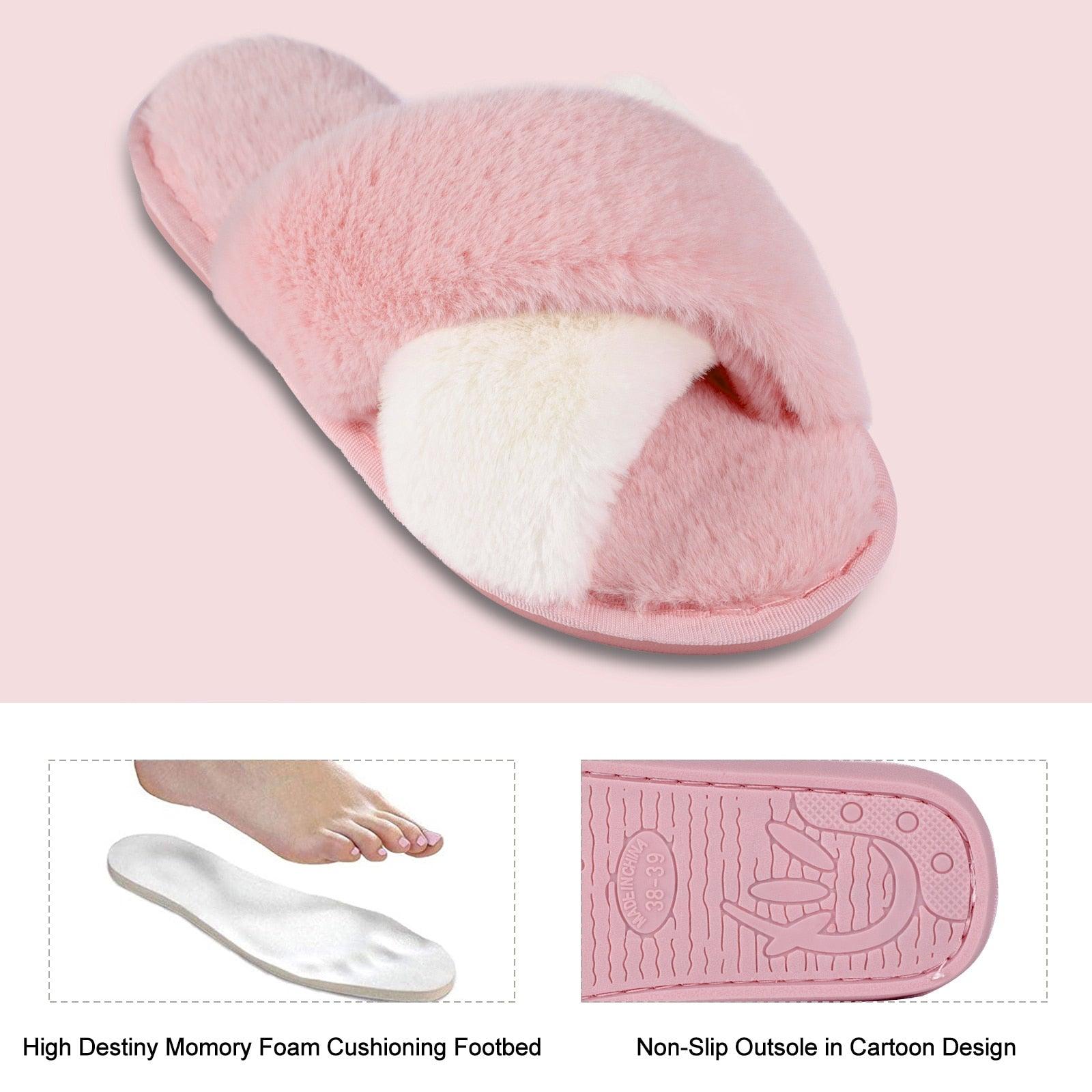 Elegant Warm Fluffy Slippers Women Faux Fur Indoor Floor Slides Flat Soft Furry Shoes Non Slip House Soft Plush Cozy House Shoes Furry Open Toe Indoor Outdoor Slip On Warm Winter Shoes