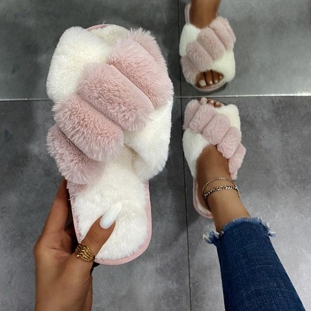 Elegant Warm Fluffy Slippers Women Faux Fur Indoor Floor Slides Flat Soft Furry Shoes Non Slip House Soft Plush Cozy House Shoes Furry Open Toe Indoor Outdoor Slip On Warm Winter Shoes