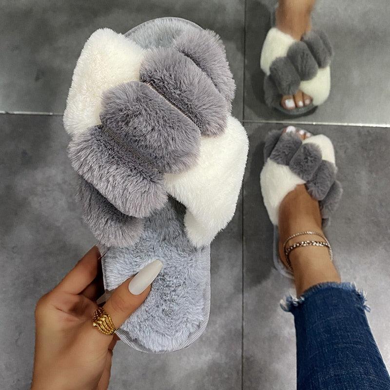 Elegant Warm Fluffy Slippers Women Faux Fur Indoor Floor Slides Flat Soft Furry Shoes Non Slip House Soft Plush Cozy House Shoes Furry Open Toe Indoor Outdoor Slip On Warm Winter Shoes