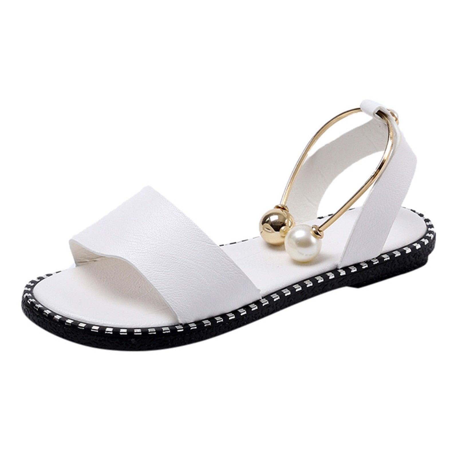 Elegant White Women Fashion Sandals Solid Round Toe Pearl Buckle Casual Sandals Shoes New Summer Outdoor Non-slip Flip Flop Dressy Sandals Cute Round Toe Strappy Wedding Shoes - STEVVEX Shoes - 114, Fashion Sandal, Flat Heels, Flat Sandals, Flip Flops, Leather Fashion Sandals, Leather Women Sandals, Low Heel Leather Shoes, Luxury Sandals, Sandals, Slip On Sandals, Slip On Shoes, Strong Slippers, Summer Slippers, Walking Shoes, Wedding Shoes, Women Flip Flops, Women Slippers, Womens Sandals - Stevvex.com