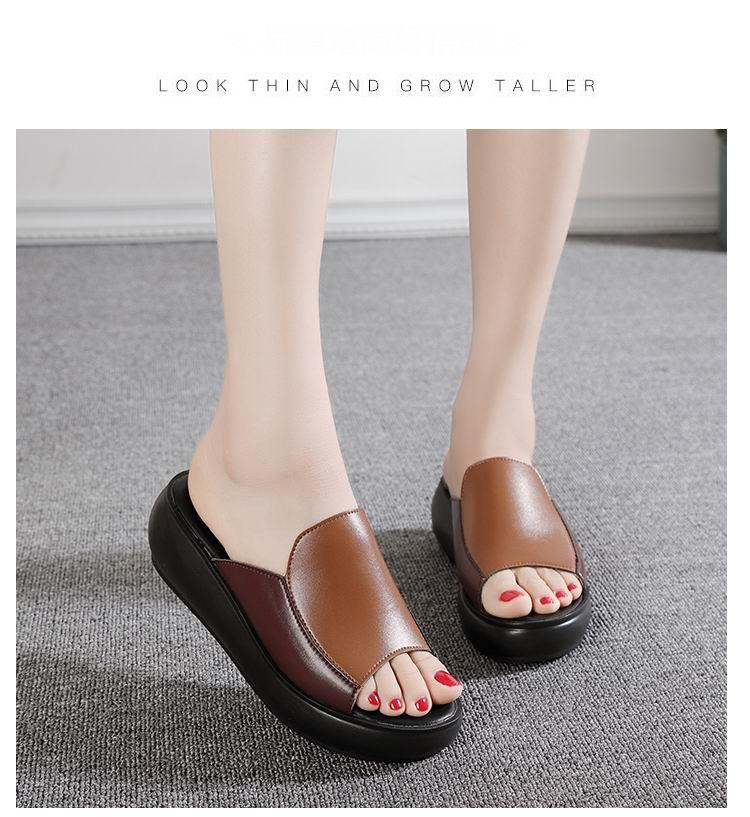 Elegant Woman Platform Slippers Summer Women Genuine Leather Slipper High Heel Shoes Women Outdoor Beach Slippers Wedge Sandals Shoes Loafers Walking Slip On Shoes Breathable Lightweight Work Comfortable Slippers