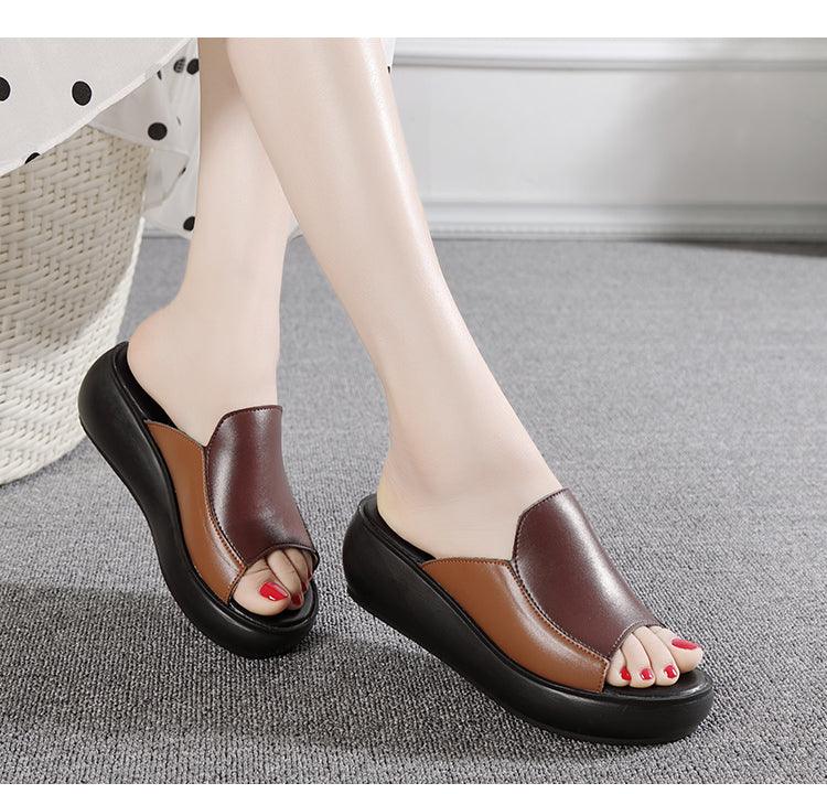 Elegant Woman Platform Slippers Summer Women Genuine Leather Slipper High Heel Shoes Women Outdoor Beach Slippers Wedge Sandals Shoes Loafers Walking Slip On Shoes Breathable Lightweight Work Comfortable Slippers