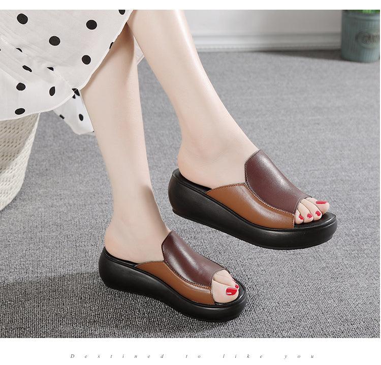 Elegant Woman Platform Slippers Summer Women Genuine Leather Slipper High Heel Shoes Women Outdoor Beach Slippers Wedge Sandals Shoes Loafers Walking Slip On Shoes Breathable Lightweight Work Comfortable Slippers