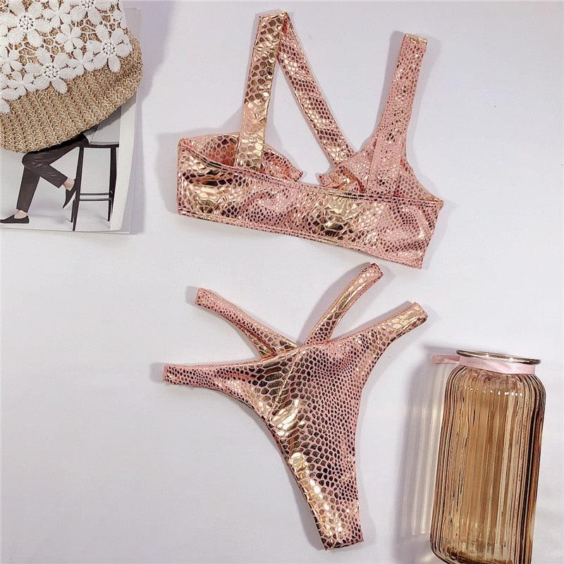 Elegant Women Bandage Swimwear Women Snake Bikini Swimsuit Female Gold Bikini Set Bathing Suit Swim Wear Women Shiny Bikini String Two Pieces Swimsuit Female Swimwear