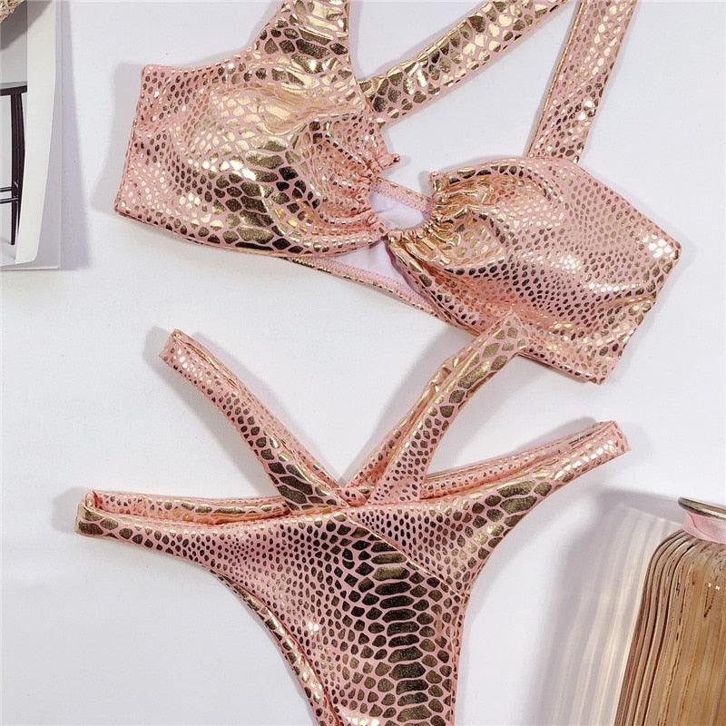 Elegant Women Bandage Swimwear Women Snake Bikini Swimsuit Female Gold Bikini Set Bathing Suit Swim Wear Women Shiny Bikini String Two Pieces Swimsuit Female Swimwear