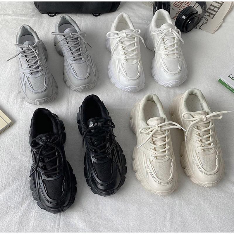 Elegant Women's Sneakers Lace Up Thick Platform Casual Shoes Leather Comfortable Walking Footwear Fashion New Lightweight Casual Everyday Walking Fashion Sneakers