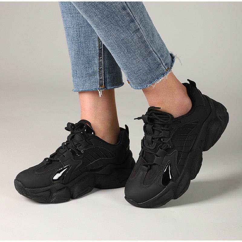 Elegant Women's Sneakers Lace Up Thick Platform Casual Shoes Leather Comfortable Walking Footwear Fashion New Lightweight Casual Everyday Walking Fashion Sneakers