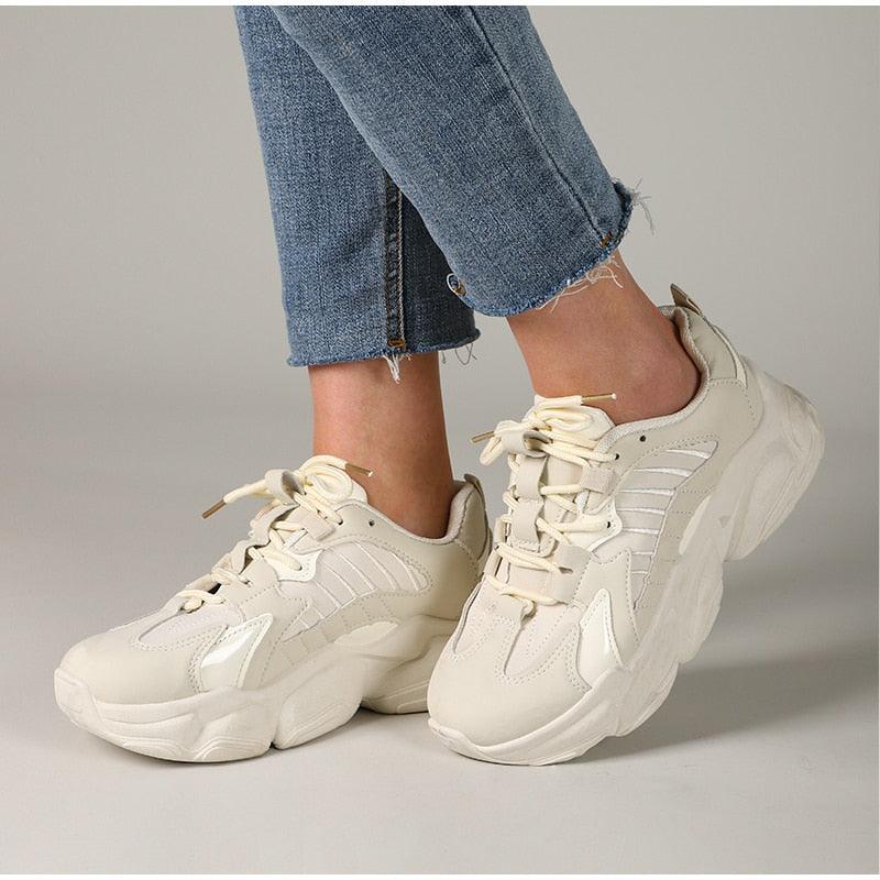 Elegant Women's Sneakers Lace Up Thick Platform Casual Shoes Leather Comfortable Walking Footwear Fashion New Lightweight Casual Everyday Walking Fashion Sneakers