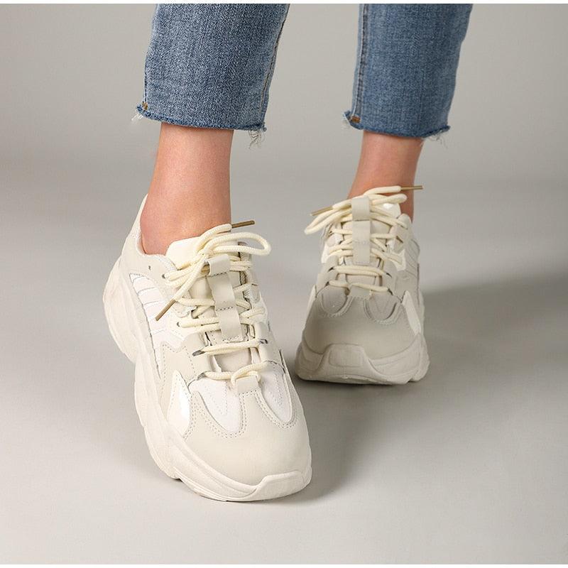 Elegant Women's Sneakers Lace Up Thick Platform Casual Shoes Leather Comfortable Walking Footwear Fashion New Lightweight Casual Everyday Walking Fashion Sneakers