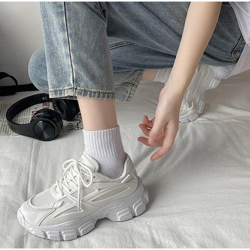 Elegant Women's Sneakers Lace Up Thick Platform Casual Shoes Leather Comfortable Walking Footwear Fashion New Lightweight Casual Everyday Walking Fashion Sneakers