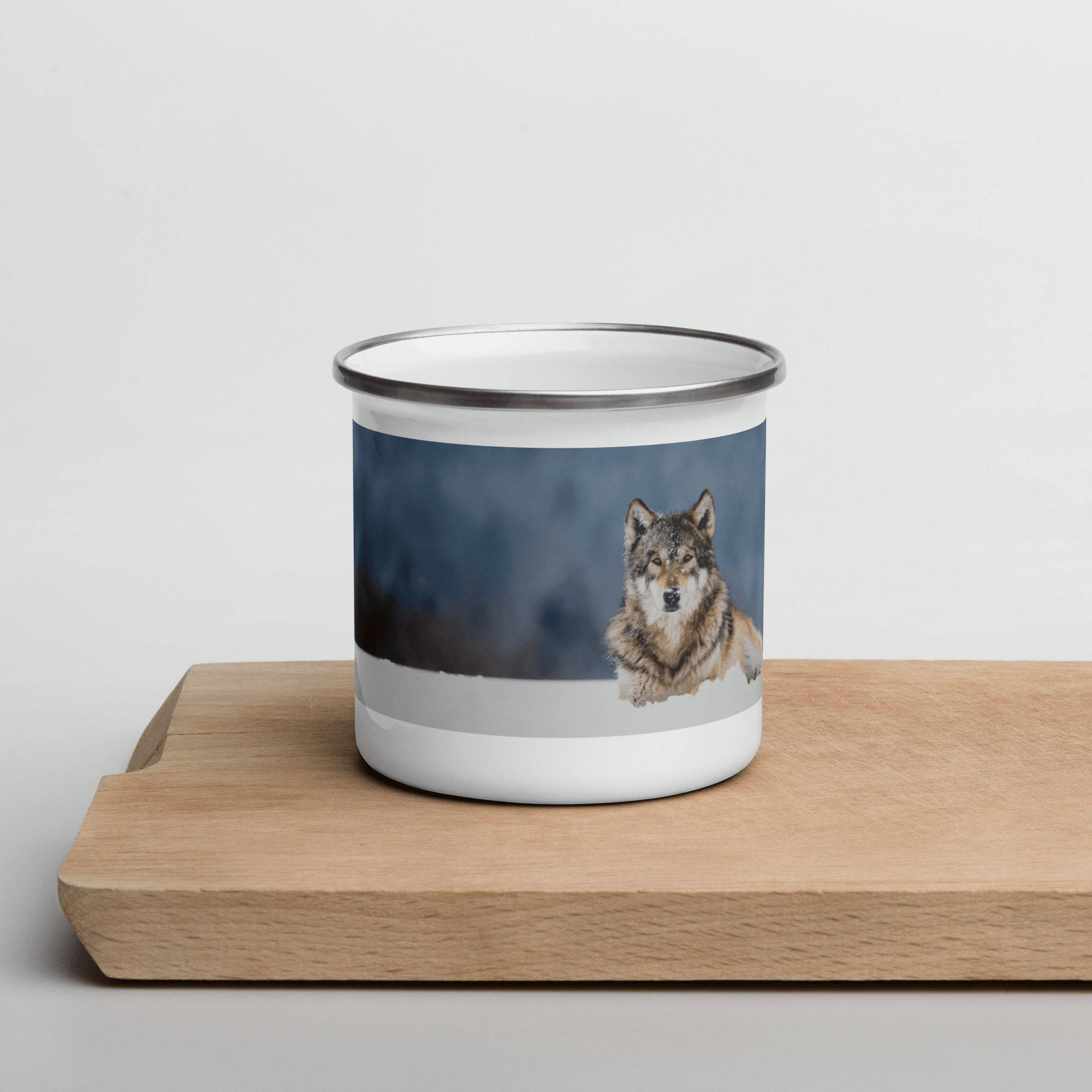 Wolf In Snow Full Printed Enamel Mug Printed Coffee Mug Perfect Holiday Print On Demand Gift For Christimas, Birthday, Father Days, Mother Day, Inspirative Coffee Mug Design Ideal For Campers - STEVVEX POD - 1002, enammel mug, Print on demand enammel mug, Valentine mug, Wolf in snow, Wolf in snow enamel mug, Wolf Mug, Wolf printed enamel mug - Stevvex.com