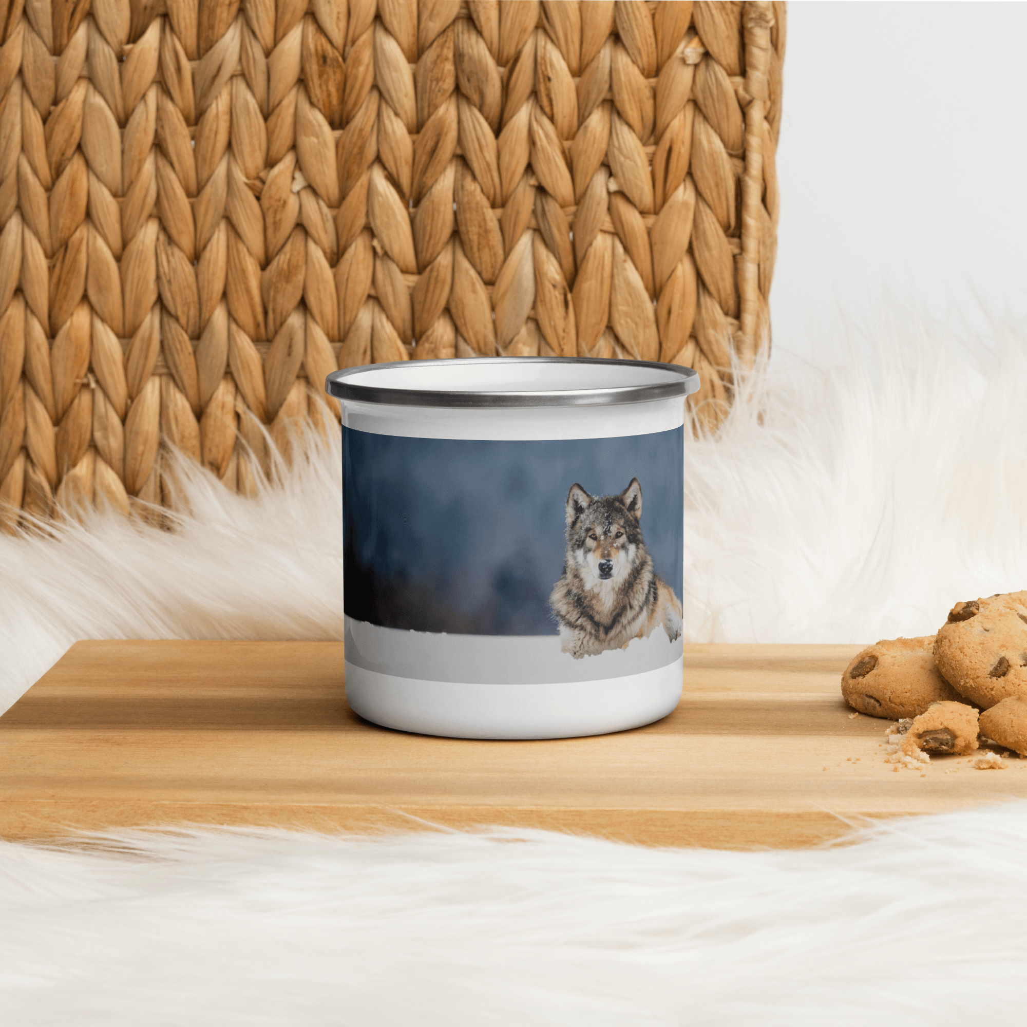 Wolf In Snow Full Printed Enamel Mug Printed Coffee Mug Perfect Holiday Print On Demand Gift For Christimas, Birthday, Father Days, Mother Day, Inspirative Coffee Mug Design Ideal For Campers - STEVVEX POD - 1002, enammel mug, Print on demand enammel mug, Valentine mug, Wolf in snow, Wolf in snow enamel mug, Wolf Mug, Wolf printed enamel mug - Stevvex.com