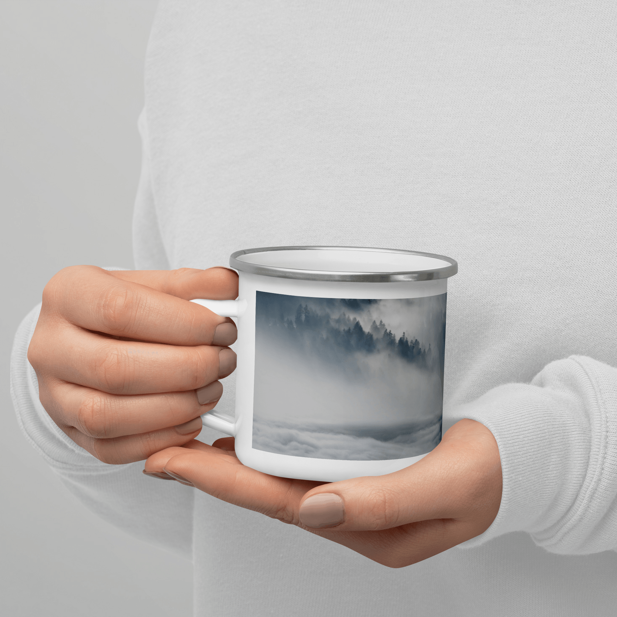 Wolf Staying In Snow On Foggy Snowy Mountain Enamel Mug Full Printed Mug For Tea Cup Coffee Mug Soup mug Metal Cups Travel Mugs for Coffee Mug Set for Backpacking & Hiking - STEVVEX POD - 1002, Black and white wolfs mug, Enammel mug with wolfs, Winter Decor mug, Wolf and forest mountain, Wolf And mountain Mug, Wolf In dark Mug, Wolf in snow, Wolf in snow enamel mug, Wolf Mug, Wolf On Mountain, Wolf printed enamel mug - Stevvex.com