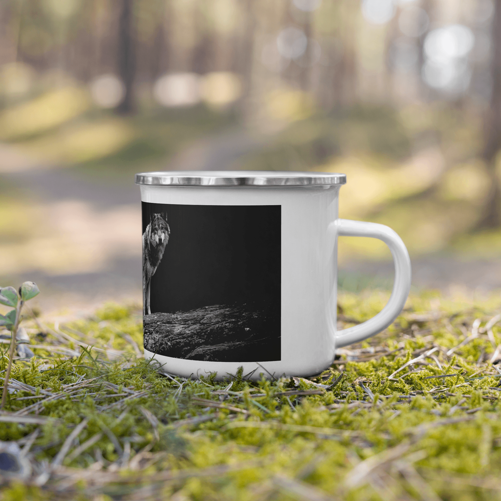 Wolf On Mountain In Dark Enamel Mug Sweet Wolf Mug Coffee Perfect Holiday Birthday Gift For Him Full Printed Enamel Mug For Campers - STEVVEX POD - 1002, Black and white wolfs mug, Enammel mug with wolfs, Winter Decor mug, Wolf In dark Mug, Wolf in snow, Wolf in snow enamel mug, Wolf Mug, Wolf On Mountain, Wolf printed enamel mug - Stevvex.com