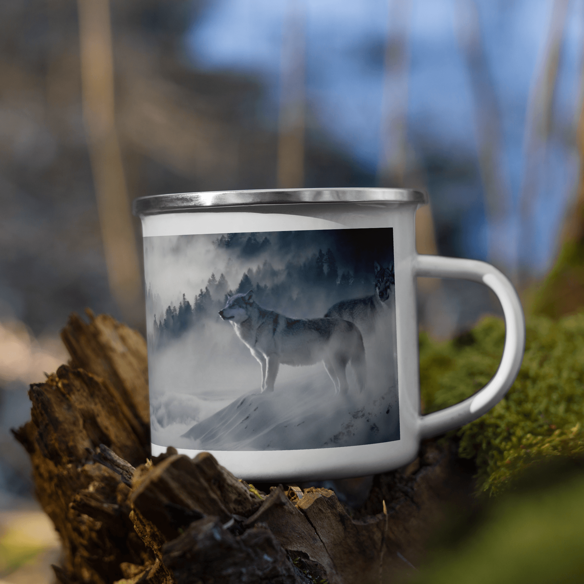 Wolf Staying In Snow On Foggy Snowy Mountain Enamel Mug Full Printed Mug For Tea Cup Coffee Mug Soup mug Metal Cups Travel Mugs for Coffee Mug Set for Backpacking & Hiking - STEVVEX POD - 1002, Black and white wolfs mug, Enammel mug with wolfs, Winter Decor mug, Wolf and forest mountain, Wolf And mountain Mug, Wolf In dark Mug, Wolf in snow, Wolf in snow enamel mug, Wolf Mug, Wolf On Mountain, Wolf printed enamel mug - Stevvex.com