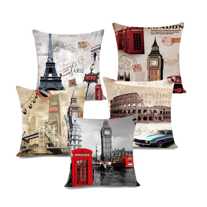 European Style Throw Pillow Covers Red London Street Bus Telephone Booth Big Ben Square Cushion Covers For Home Bed Sofa Throw Pillow Covers Red Bus and Telephone Booth Design Cushion Case Cotton Linen Home Sofa Decor 45X45CM