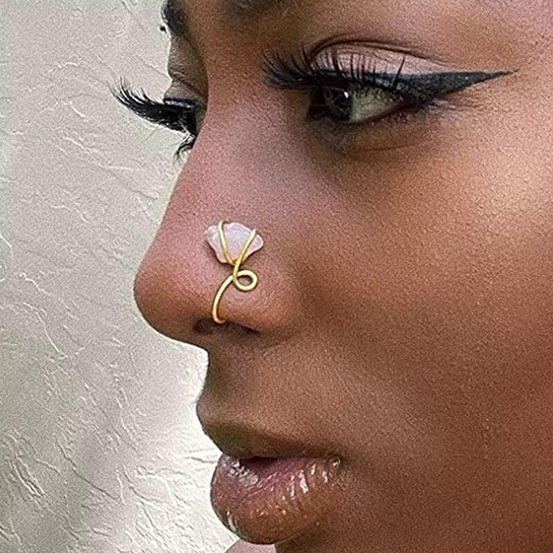 Fake Piercing Nose Ring Stone Copper Ear Hoop Septum Nose Clip Non-Piercing Ring Stud Nez Jewelry Nose Cuff Clip Nose Ring Ear Clip Cuff Body Jewelry Nose Cuff Non Piercing Nose Cuffs Fake Nose Ring Adjustable Ear Cuff Fake Piercings For Woman