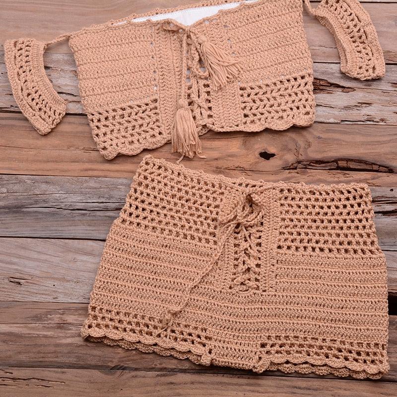 Fashion Beach Bikini Set Knitting Swimsuit Crochet Style Off Shoulder Bathing Handmade Tassels Bikini Bra Two Piece Beach Outfits For Women Crochet Tassels Hollow Out Bikini Bra Top Skirt Cover Up Dress