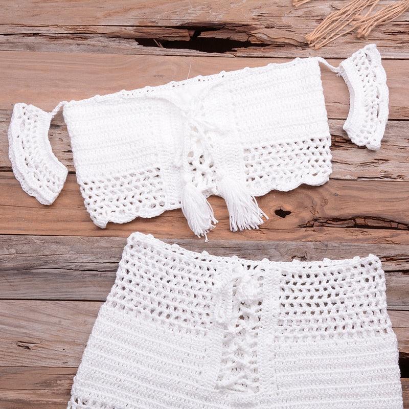 Fashion Beach Bikini Set Knitting Swimsuit Crochet Style Off Shoulder Bathing Handmade Tassels Bikini Bra Two Piece Beach Outfits For Women Crochet Tassels Hollow Out Bikini Bra Top Skirt Cover Up Dress