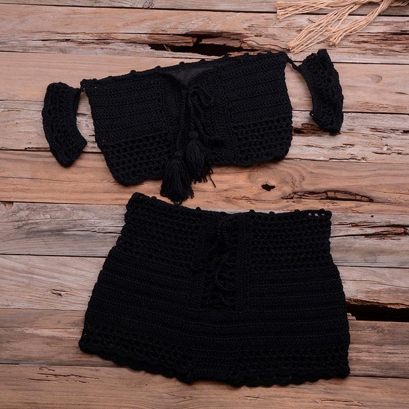 Fashion Beach Bikini Set Knitting Swimsuit Crochet Style Off Shoulder Bathing Handmade Tassels Bikini Bra Two Piece Beach Outfits For Women Crochet Tassels Hollow Out Bikini Bra Top Skirt Cover Up Dress