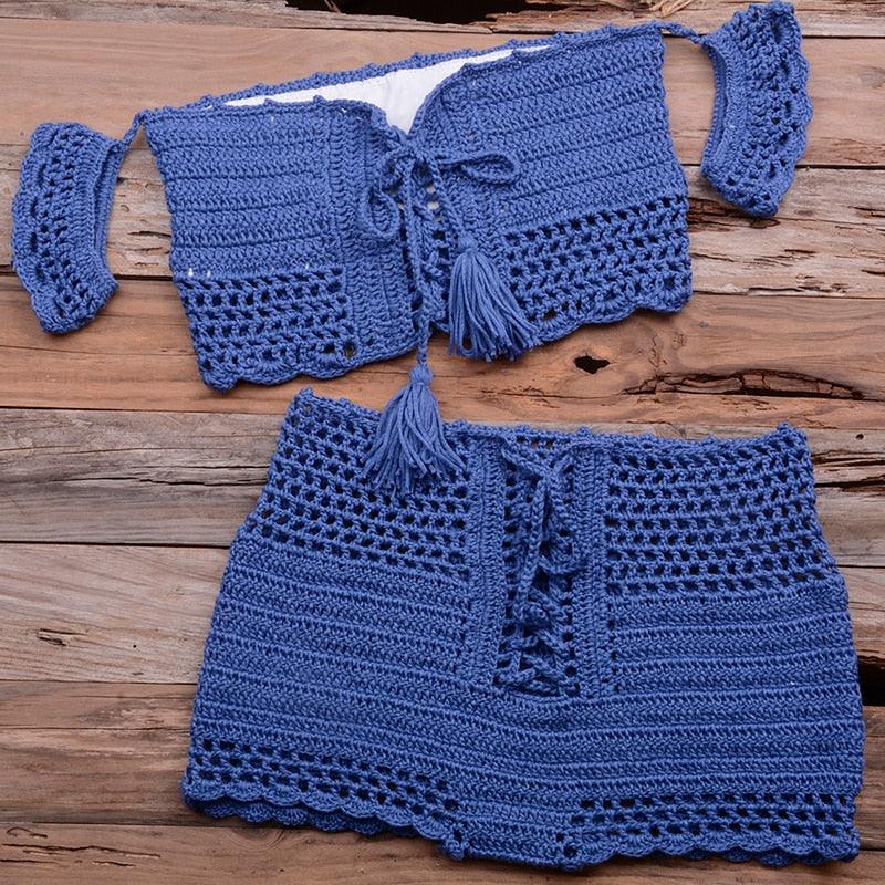 Fashion Beach Bikini Set Knitting Swimsuit Crochet Style Off Shoulder Bathing Handmade Tassels Bikini Bra Two Piece Beach Outfits For Women Crochet Tassels Hollow Out Bikini Bra Top Skirt Cover Up Dress