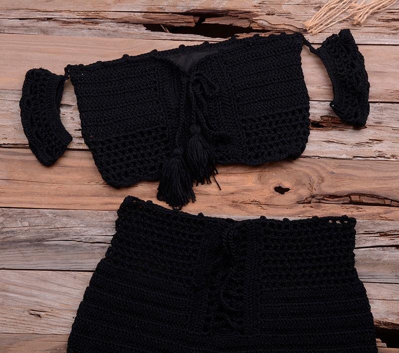 Fashion Beach Bikini Set Knitting Swimsuit Crochet Style Off Shoulder Bathing Handmade Tassels Bikini Bra Two Piece Beach Outfits For Women Crochet Tassels Hollow Out Bikini Bra Top Skirt Cover Up Dress