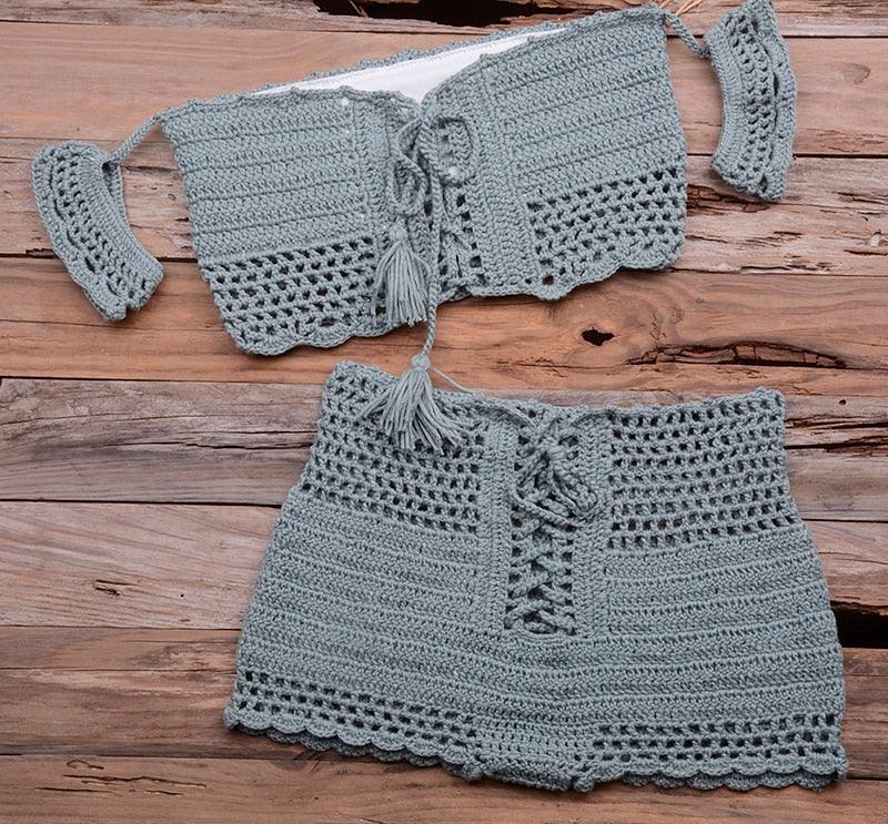 Fashion Beach Bikini Set Knitting Swimsuit Crochet Style Off Shoulder Bathing Handmade Tassels Bikini Bra Two Piece Beach Outfits For Women Crochet Tassels Hollow Out Bikini Bra Top Skirt Cover Up Dress