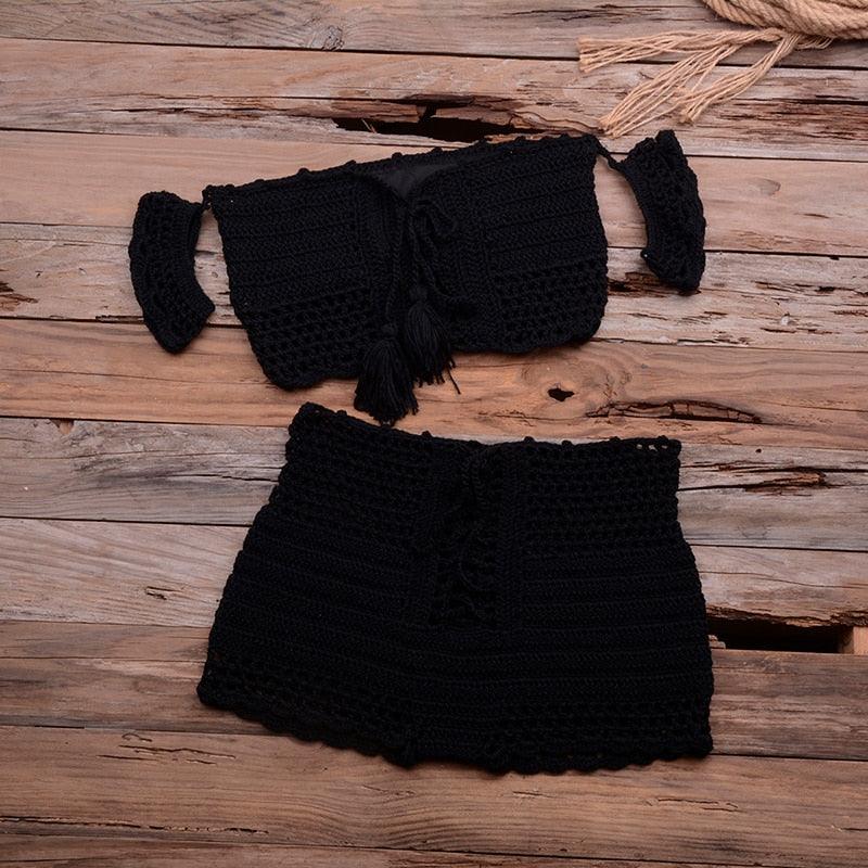 Fashion Beach Bikini Set Knitting Swimsuit Crochet Style Off Shoulder Bathing Handmade Tassels Bikini Bra Two Piece Beach Outfits For Women Crochet Tassels Hollow Out Bikini Bra Top Skirt Cover Up Dress