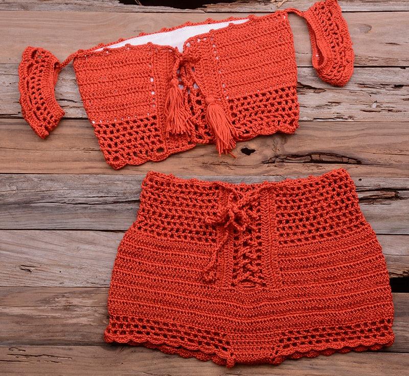 Fashion Beach Bikini Set Knitting Swimsuit Crochet Style Off Shoulder Bathing Handmade Tassels Bikini Bra Two Piece Beach Outfits For Women Crochet Tassels Hollow Out Bikini Bra Top Skirt Cover Up Dress