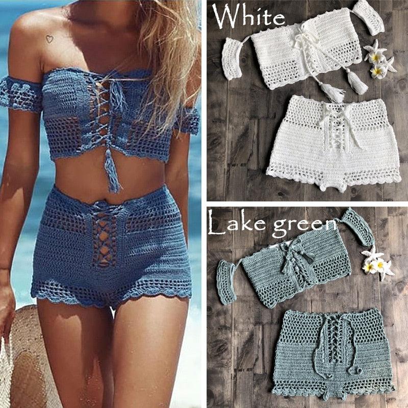 Fashion Beach Bikini Set Knitting Swimsuit Crochet Style Off Shoulder Bathing Handmade Tassels Bikini Bra Two Piece Beach Outfits For Women Crochet Tassels Hollow Out Bikini Bra Top Skirt Cover Up Dress