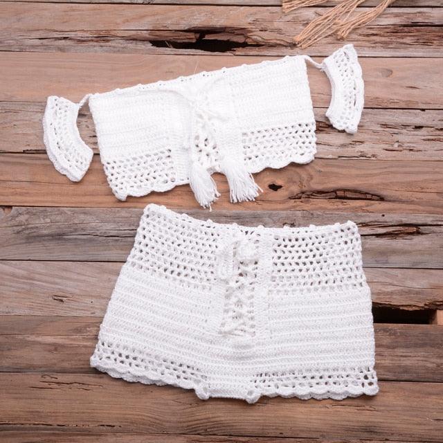 Fashion Beach Bikini Set Knitting Swimsuit Crochet Style Off Shoulder Bathing Handmade Tassels Bikini Bra Two Piece Beach Outfits For Women Crochet Tassels Hollow Out Bikini Bra Top Skirt Cover Up Dress