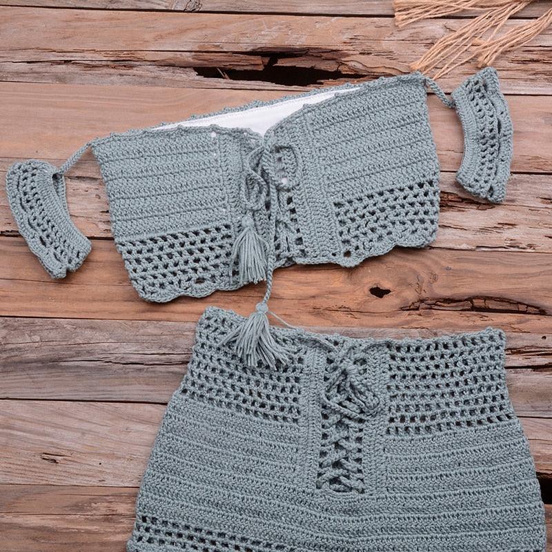 Fashion Beach Bikini Set Knitting Swimsuit Crochet Style Off Shoulder Bathing Handmade Tassels Bikini Bra Two Piece Beach Outfits For Women Crochet Tassels Hollow Out Bikini Bra Top Skirt Cover Up Dress