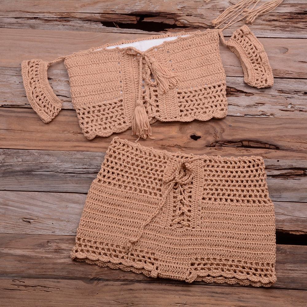 Fashion Beach Bikini Set Knitting Swimsuit Crochet Style Off Shoulder Bathing Handmade Tassels Bikini Bra Two Piece Beach Outfits For Women Crochet Tassels Hollow Out Bikini Bra Top Skirt Cover Up Dress