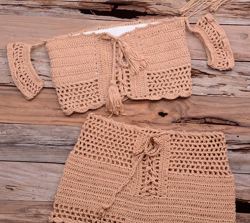 Fashion Beach Bikini Set Knitting Swimsuit Crochet Style Off Shoulder Bathing Handmade Tassels Bikini Bra Two Piece Beach Outfits For Women Crochet Tassels Hollow Out Bikini Bra Top Skirt Cover Up Dress