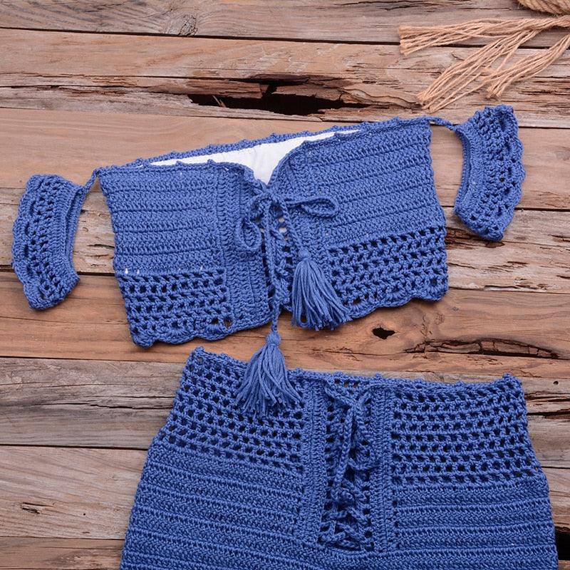 Fashion Beach Bikini Set Knitting Swimsuit Crochet Style Off Shoulder Bathing Handmade Tassels Bikini Bra Two Piece Beach Outfits For Women Crochet Tassels Hollow Out Bikini Bra Top Skirt Cover Up Dress