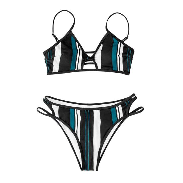 Fashion Blue White Women Striped Bikini Sets Swimsuit Women Halter Top Bikini High Waist Bathing Suits Bandage Two Piece Swimsuit Two Pieces Swimwear Women Summer Beach Adjustable Bathing Suit