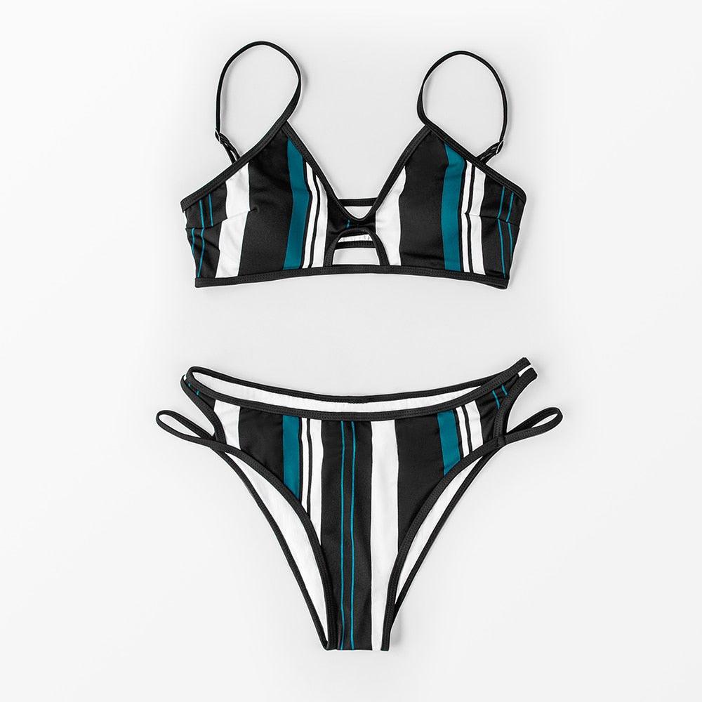 Fashion Blue White Women Striped Bikini Sets Swimsuit Women Halter Top Bikini High Waist Bathing Suits Bandage Two Piece Swimsuit Two Pieces Swimwear Women Summer Beach Adjustable Bathing Suit